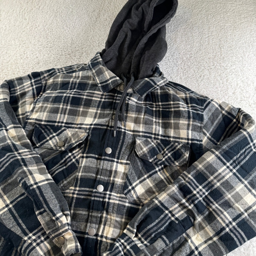 Eddie Bauer Flannel Shirt Jacket Mens M Black White Plaid Hooded Quilted Shacket